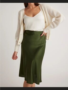 Quince Olive Satin Midi Skirt- 100% washable